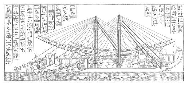 Ship of egyptian squadron being laden with products of Punt QUEEN Hatshepsut, Hatasu or Hasheps has been happily described as the Queen Elizabeth of Egyptian history; and she was undoubtedly one of the most extraordinary women in the annals of the ancient East. A daughter of Thothmes I., third Pharaoh of the Eighteenth Dynasty, and of his wife, Queen Ahmes Nefertari, she inherited sovereign rights in virtue of her maternal descent from the old Twelfth Dynasty line.
Original edition from my own archives
Source : Mundo Ilustrado 1880

Painting from Queen Hatasu's Temple, Called Deir el-Bahri.
Exploring squadron to the Land of Punt; a region identified by Maspero and Mariette with that part of the Somali country which is situate on the eastern coast of Africa, bordering the Gulf of Aden"r"r queen hatshepsut stock illustrations