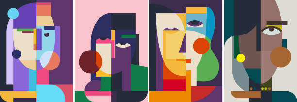 ilustraciones, imágenes clip art, dibujos animados e iconos de stock de colección de retratos abstractos. - face art