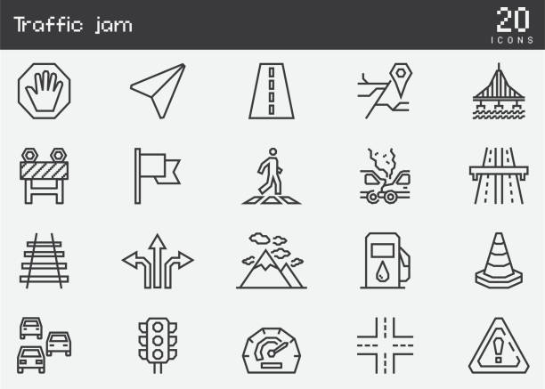 ilustrações de stock, clip art, desenhos animados e ícones de traffic jam line icons - road marking illustrations