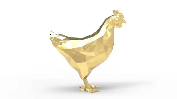 Photo of 3d rendering of a gold chicken isolated in white background