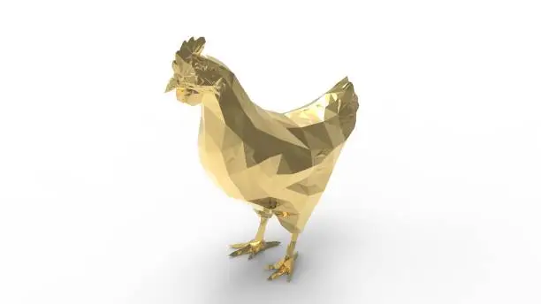 Photo of 3d rendering of a gold chicken isolated in white background