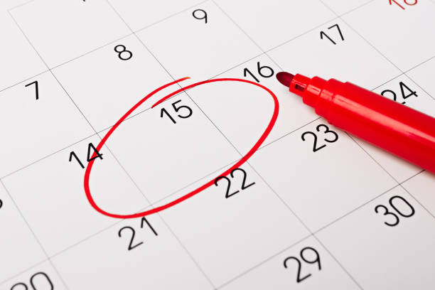 Calendar page with red pen close up. Focus on number 15 in calendar and empty red circle for design in your ideas and work concept Calendar page with red pen close up. Focus on number 15 in calendar and empty red circle for design in your ideas and work concept calendar date circled stock pictures, royalty-free photos & images