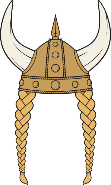 Viking helmet with braids color vector art illustration