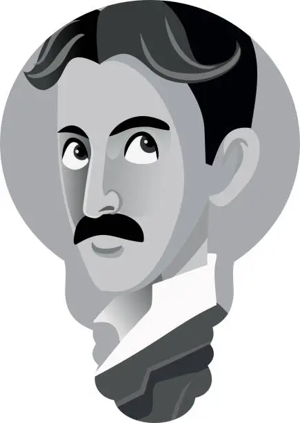Vector illustration of Black and White Cartoon of Nikola Tesla in Light Bulb Shape