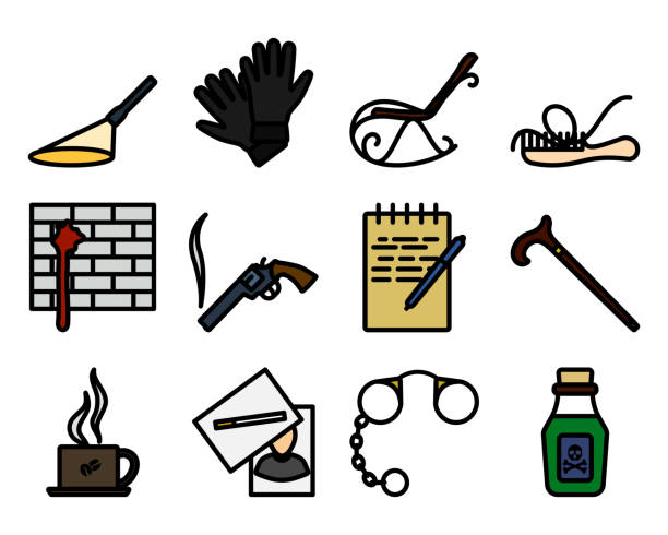 ilustrações, clipart, desenhos animados e ícones de conjunto de ícones de detetive - crime flashlight detective symbol