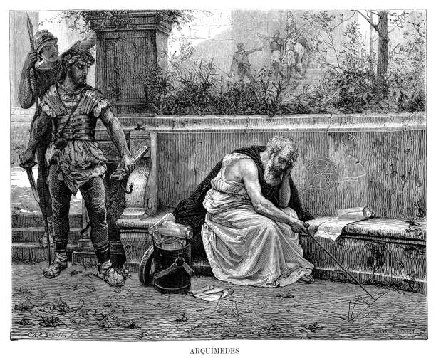 archimedes zaatakowany przez rzymskich żołnierzy rysujący 1880 - greece ancient history roman classical greek stock illustrations