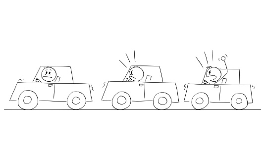 Angry Car Drivers in Traffic Jam or Congestion, Vector Cartoon Stick Figure Illustration