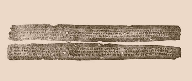faksymile dwóch stron jednego z najstarszych indyjskich rękopisów z liści palmowych, z lat 857/58 n.e. - hinduism monk buddhism myanmar stock illustrations