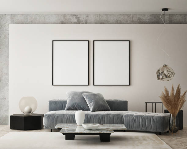 istock mock up poster frame in modern interior background, living room, Scandinavian style, 3D render, 3D illustration 1366038989