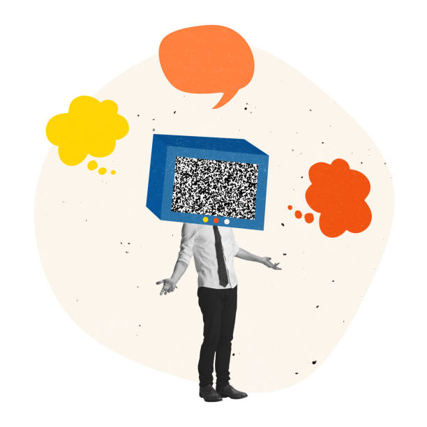 Contemporary art collage. Office worker, employee with broken computer head symbolizing lack of ideas