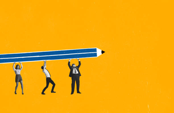 Contemporary art collage. Office workers, employees carrying huge pencil symbolizing successful teamwork