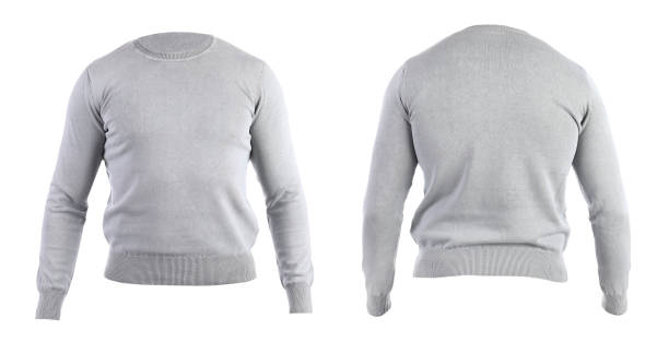 istock Stylish warm grey sweater isolated on white, back and front 1366042656