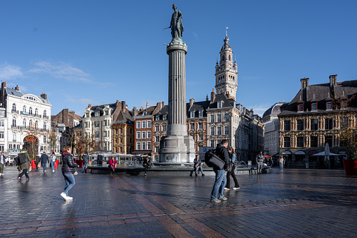 November 4, 2021 - Lille, France: La Grande Place, has a Flemish architecture similar to Belgium. Standing in the center of the squares stands the Goddess as the memory of the Austrian siege in 1792