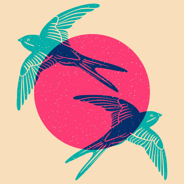 Two swallows in sky flying towards the sun. Colorful cute screen printing effect. Riso print effect. Vector illustration. Graphic element  for fabric, textile, clothing, wrapping paper, wallpaper