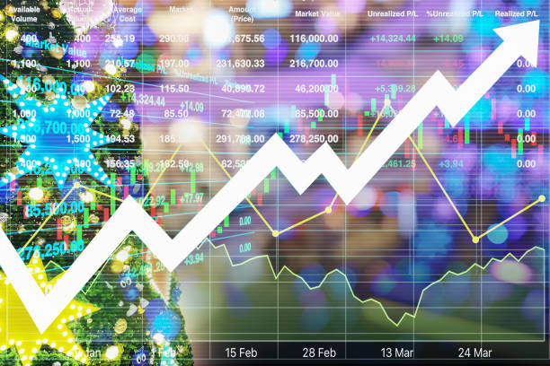 istock Business data presentation and report for holiday vacation expenses with arrow up, graph and chart; candlesticks and symbol on colorful bokeh Christmas eve background. 1366045132