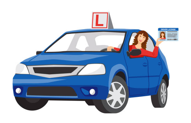 illustrazioni stock, clip art, cartoni animati e icone di tendenza di una ragazza sorridente si siede in un'auto da addestramento blu e mostra la sua patente di guida. progettare il concetto di scuola guida o imparare a guidare. - driving training car safety