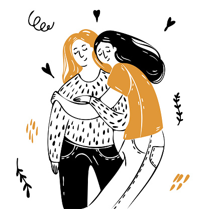 Two girls hug each other tenderly. Concept for same sex love, lesbian couples, female friendship and support. Vector illustration in doodle style.
