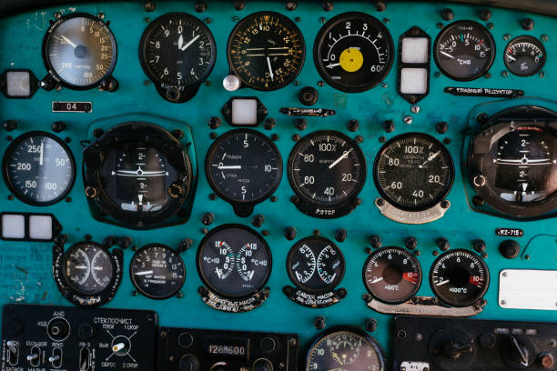 istock Toggle switches old soviet helicopter mi2 many text Russian language which translates Light danger Beacon Suspension Cargo Dump Tactical Emergency 1366049377