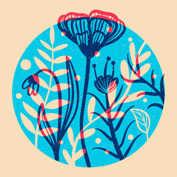 Abstract Flowers. Colorful cute screen printing effect. Flowers. Colorful cute screen printing effect. Riso print effect. Vector illustration. Graphic element for fabric, textile, clothing, wrapping paper, wallpaper riso print stock illustrations