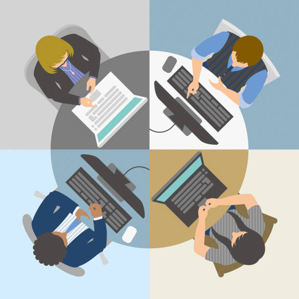 High angle view of business team having online meeting or video conference vector art illustration