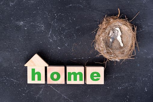 the keys to the house in the bird's nest, the inscription HOME on wooden cubes, top view