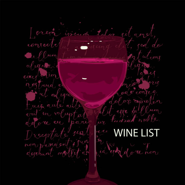vector wine list with wineglass and lorem ipsum Wine list for restaurant or cafe with a glass of red wine on a black background with handwritten text lorem ipsum. Creative vector illustration in modern style for menu, wine list, tasting wine and oenology graphic stock illustrations