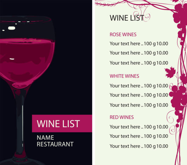 ilustrações de stock, clip art, desenhos animados e ícones de wine list with wineglass, grapevine and price list - wineglass wine glass red wine