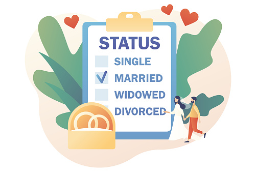 Marital status of couple. Legal status change. Checkbox list with single, married, widowed and divorced options for tiny people. Wedding concept. Modern flat cartoon style. Vector illustration on white background