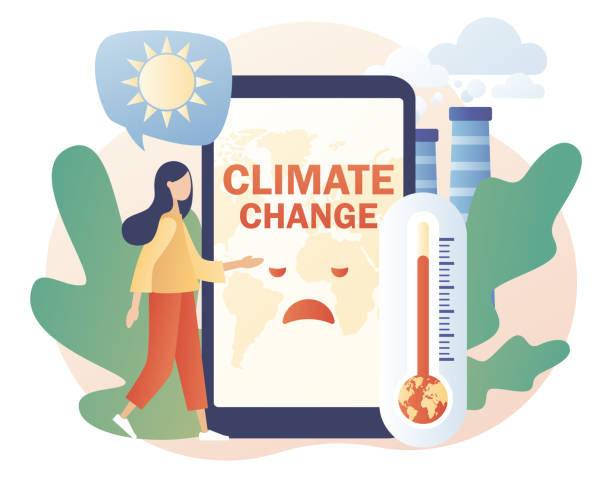 illustrazioni stock, clip art, cartoni animati e icone di tendenza di cambiamento climatico - testo sullo schermo dello smartphone. piccola donna che cerca di salvare il pianeta terra. concetto di riscaldamento globale. giornata mondiale dell'ambiente. rischi ecologici, inquinamento atmosferico. moderno stile cartone animato - text sky abstract air