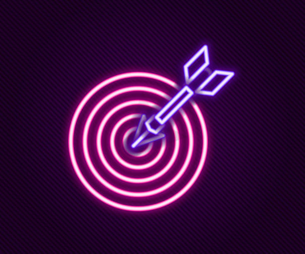 istock Glowing neon line Target with arrow icon isolated on black background. Dart board sign. Archery board icon. Dartboard sign. Business goal concept. Colorful outline concept. Vector 1366057724