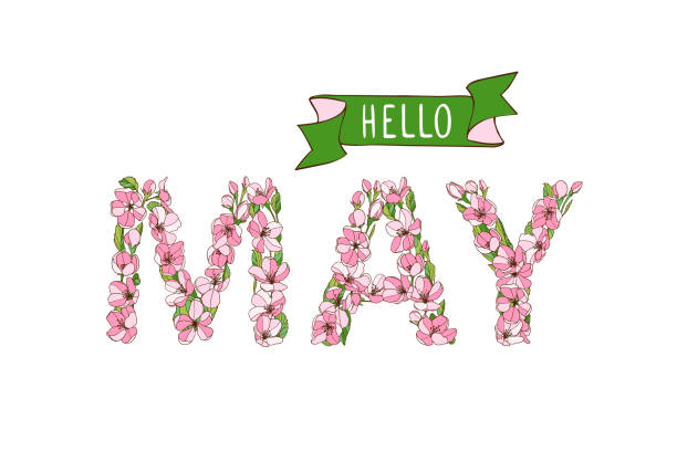 ilustraciones, imágenes clip art, dibujos animados e iconos de stock de hola marzo. letras de flores de manzano - mayo