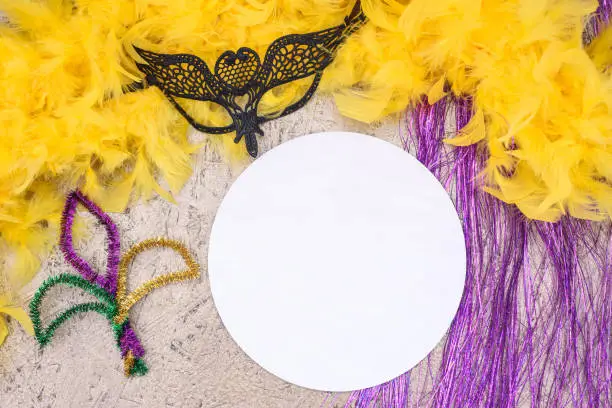 Photo of Mardi Gras Mockup. Wooden empty round sign template with copy space .