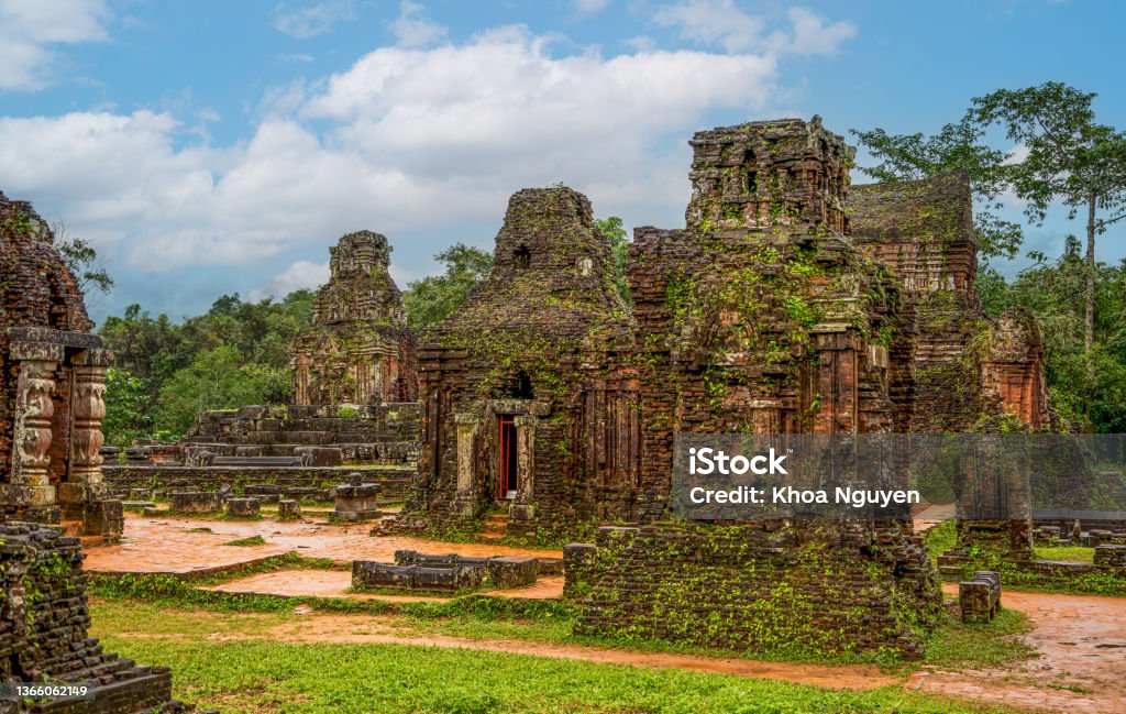 Ruins of old hindu temple at My Son, Vietnam. This sanctuary is a UNESCO World Heritage site in Vietnam. Ruins of old hindu temple at My Son, Vietnam. This sanctuary is a UNESCO World Heritage site in Vietnam. Travel and religion concept Hoi An Stock Photo