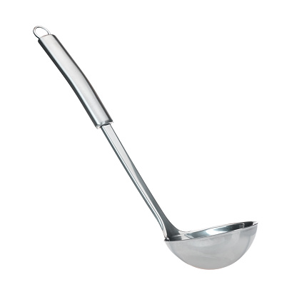 one metal new ladle for first courses on a white insulated background