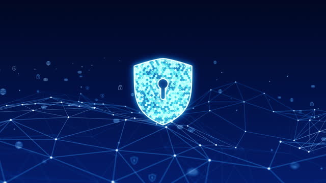 Motion graphic of Blue security shield logo with line connection and futuristic technology icon levitation on abstract background concept seamless loop video
