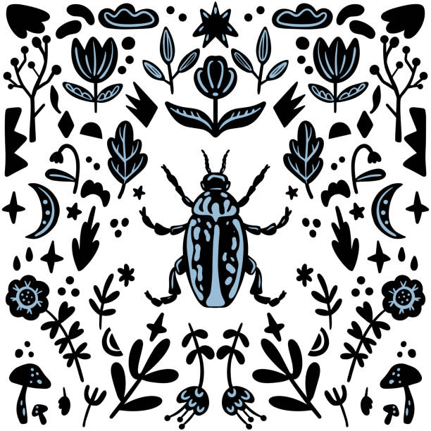 Abstract black and with background with beetle and plants. Abstract black and with background with beetle and plants. Background in minimalistic style. Editable hand drawn Vector illustration. Perfect for fabric, textile, clothing, wrapping paper, wallpaper hercules beetle stock illustrations