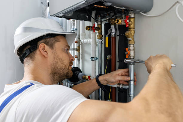 worker installing pipes of house gas heating boiler stock photo