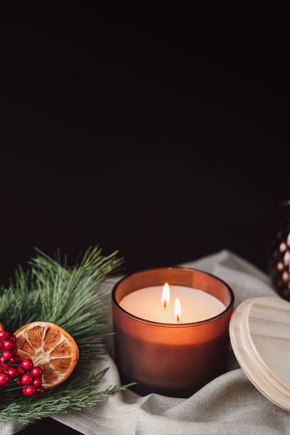 istock Lit Chocolate Brown Candle Against Dark Background with Dried Oranges and Cranberries 1366067069