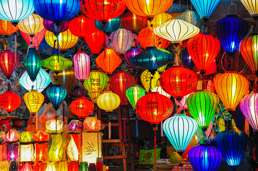Colorful lanterns spread light on the old street of Hoi An Ancient Town - UNESCO World Heritage Site in Vietnam. Hoi an lanterns at night