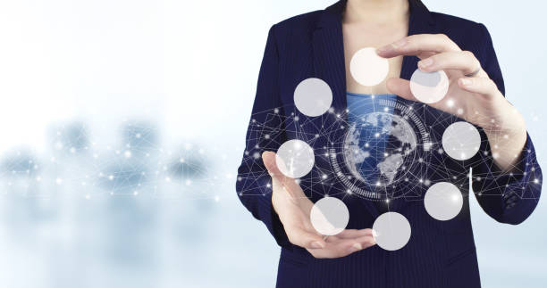 istock Social media concept. Communication network. Two hand holding virtual holographic planet, world, circular diagram icon with light blurred background. Innovation, big data concept technology. 1366067570