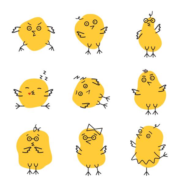 白い背景に隔離かわいい漫画の鶏 - bird yellow child chicken点のイラスト素材／クリップアート素材／マンガ素材／アイコン素材