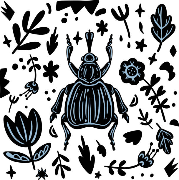 Abstract black and with background with beetle and plants. Abstract black and with background with beetle and plants. Background in minimalistic style. Editable hand drawn Vector illustration. Perfect for fabric, textile, clothing, wrapping paper, wallpaper hercules beetle stock illustrations