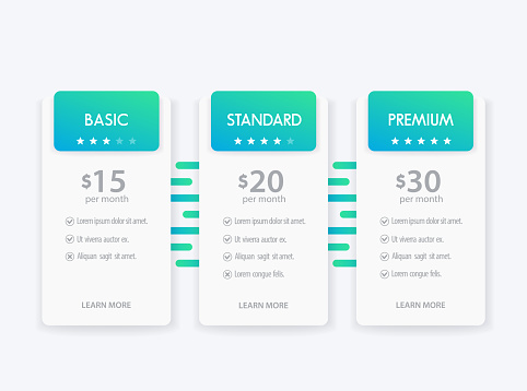 Banner for tariffs, set of vector pricing table and boxes