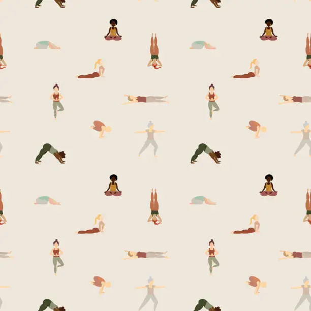 Vector illustration of Seamless illustrated yoga pattern with mixed people practicing yoga poses