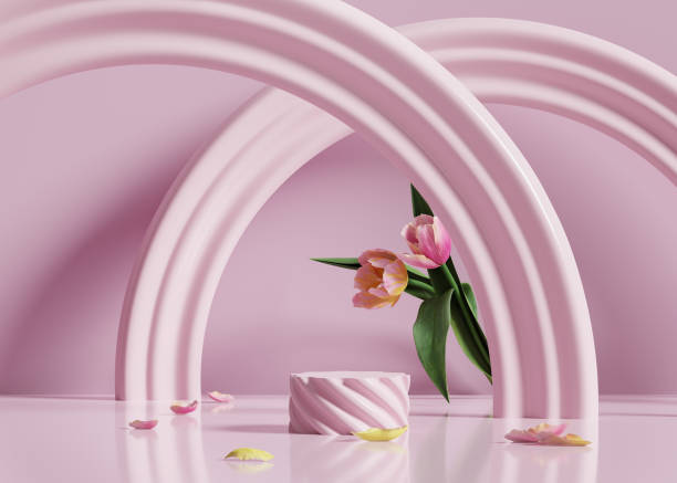 istock 3D display podium pastel pink flower  background. Tulip blossom falling down. Nature minimal pedestal for beauty, cosmetic product presentation. Valentine, feminine copy space template 3d render 1366075042