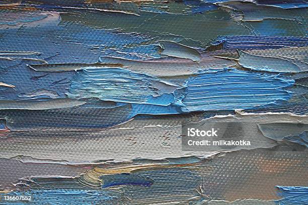 Brush Stokes Of Blue And White Oil Pants On Canvas Stock Photo - Download Image Now - Abstract, Art, Art And Craft