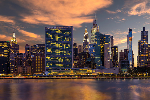 New York city Manhattan downtown skyline modern office building financial district skyscrapers