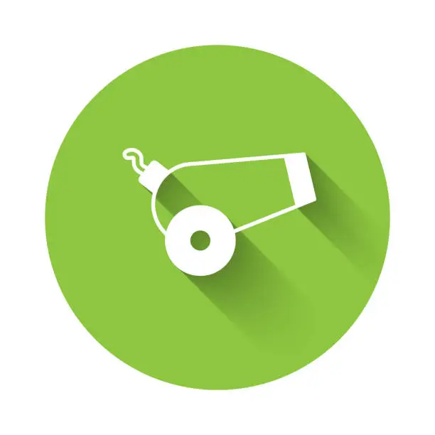 Vector illustration of White Cannon icon isolated with long shadow background. Green circle button. Vector
