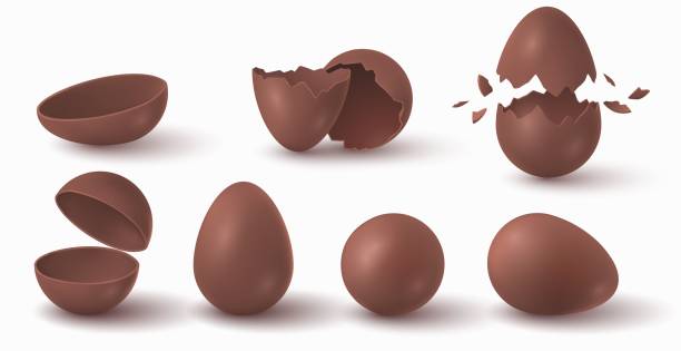 Realistic broken, cracked and exploded easter chocolate eggs. Choco ball half. Open sweet surprise egg. Dark cocoa confectionery vector set vector art illustration