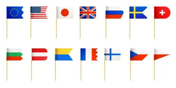 Vector illustration of Realistic wood toothpick with little country flags for food decoration. Usa, france, japan, sweden and england miniature 3d flags vector set